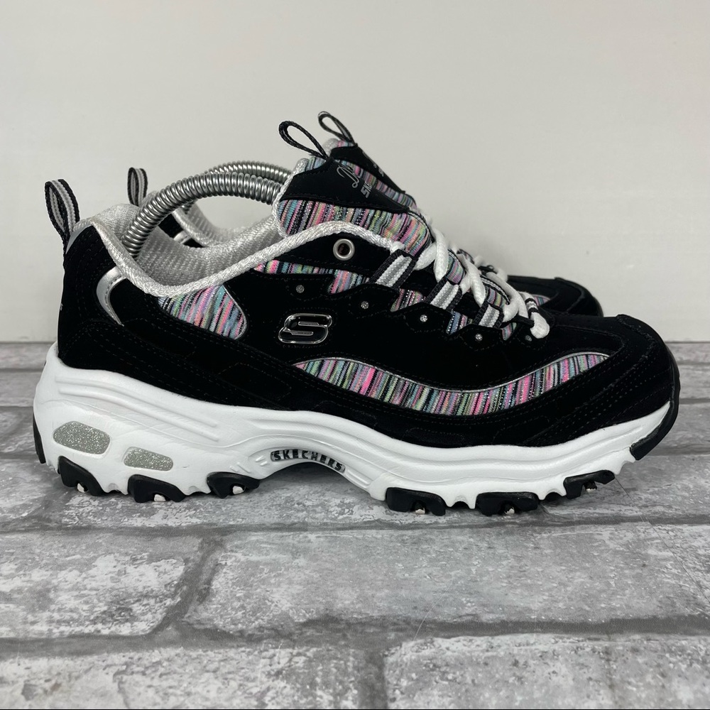 Skechers D'Lites Interlude black colorful stripes shoes women size 8 sneakers
